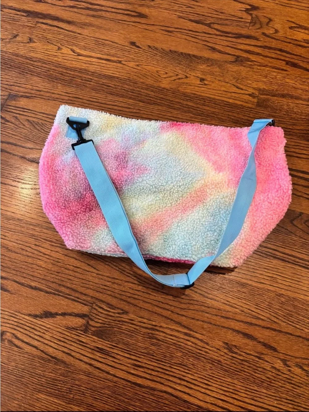 Pastel Tie-Dye Sherpa Crossbody Bag with Blue Strap